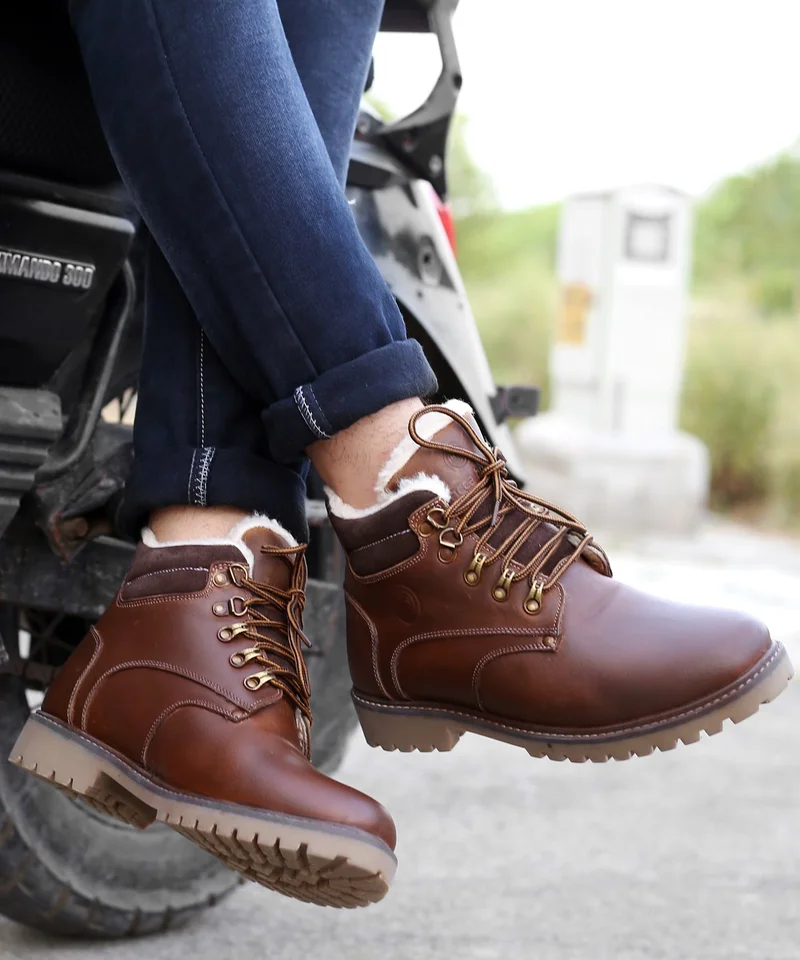 Bacca Bucci Brown Moscow Leather Biker Boots with Fur for Hiking for Men | Best Price UAE